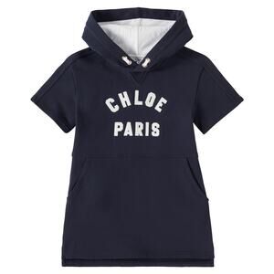 NEW Chloe Kids Paris Logo Hooded Knit Dress Navy Blue Cotton Girls Size 4 Luxury